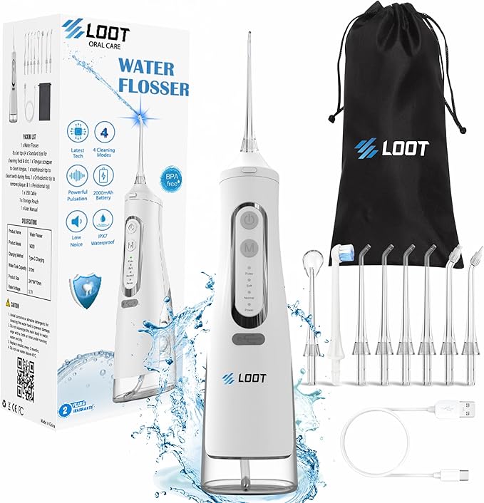 Dental Water Flosser Cordless, 310ML Electric 4 Cleaning 8 Replaceable IPX7 Waterproof (8 Tips)