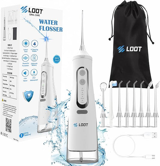 Dental Water Flosser Cordless, 310ML Electric 4 Cleaning 8 Replaceable IPX7 Waterproof (8 Tips)