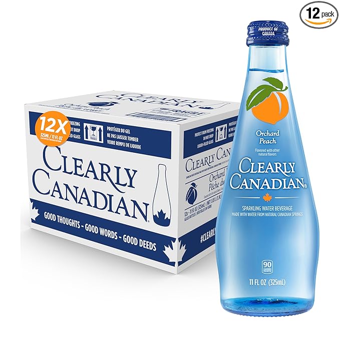 Clearly Canadian Orchard Peach Sparkling Spring Water Beverage, Natural & Carbonated, Flavored Seltzer Water, 1 Case (12 Bottles x 325mL)