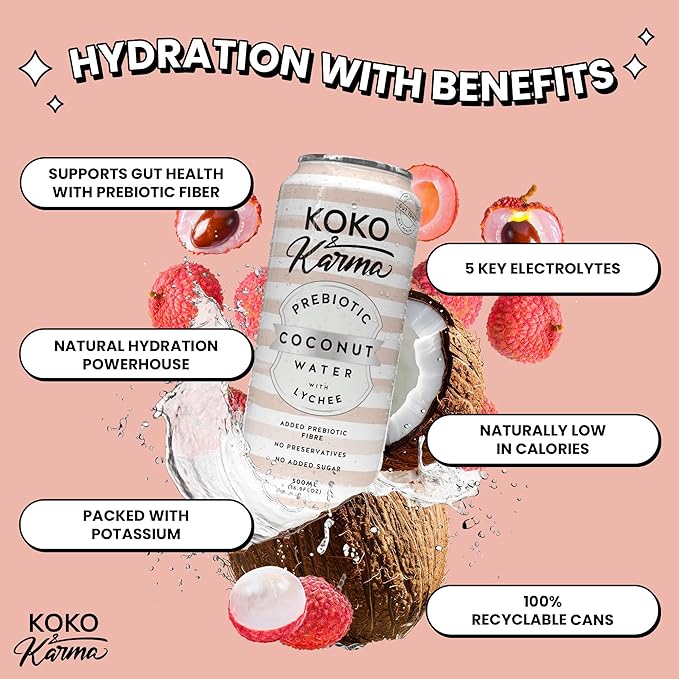 Koko & Karma – Prebiotic Coconut Water with Lychee – All Natural with No Added Sugars, Pure Coconut Water & Lychee Juice – 12 Pack - 16.9 Ounce Cans