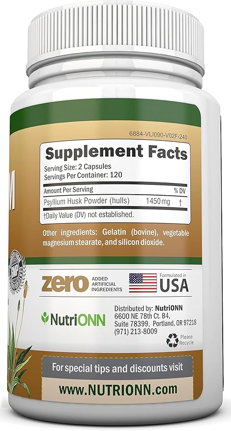 PSYLLIUM HUSK CAPSULES 1450mg Per 240 Capsules 100% Natural