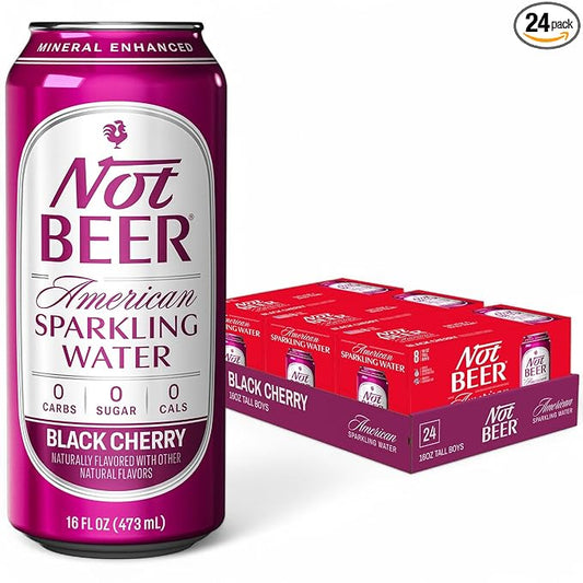 Not Beer American Sparkling Water, Black Cherry, 99.9% Pure, Mineral & Electrolyte Blend, Carbonated Water, Soda Water, Sparkling Water Cans, Made in America, 16 Oz Tallboy Cans, 24 Pack