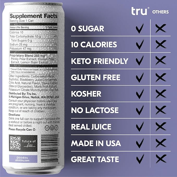 Tru Rescue Seltzer, Hydration Detox Drink with Electrolytes, Blackberry Flavor, Sparkling Water, Caffeine-Free, Kosher, Gluten-Free, Vegan, Low-Calorie, No Sugar Added, 12oz (Pack of 12)