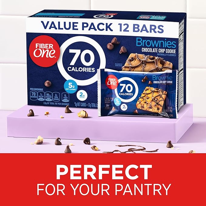 Fiber One 70 Calorie Brownies, Chocolate Chip Cookie, 2g Sugar, Value Pack, 12 Count, 10.6 oz