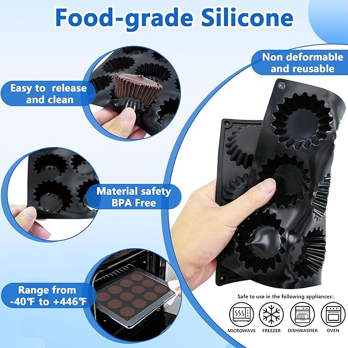 Silicone Peanut Butter Cup Molds 12 Cups Chocolate Candy Mold Mini Tart Pan for Keto Fat Bombs, Reese, Jello, Brownies, Cordial 2Pack Black