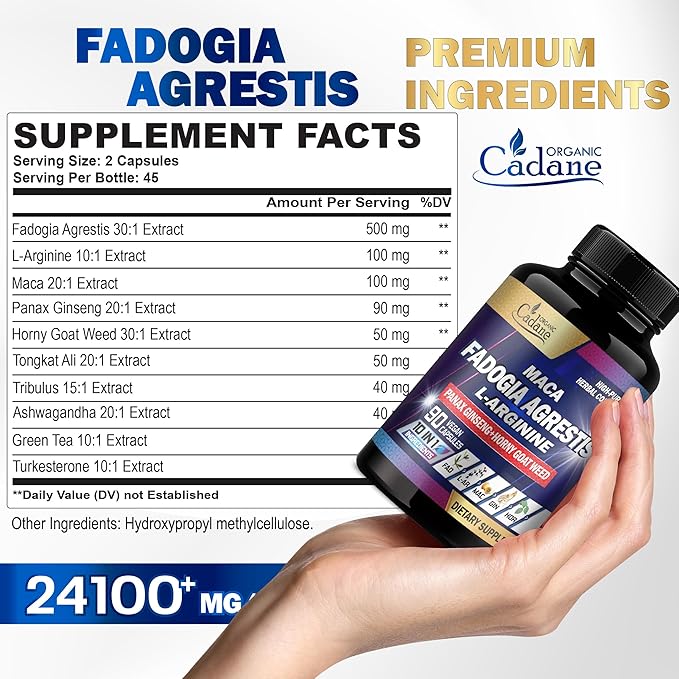Organic Cadane Fadogia Agrestis Supplement 24100mg 90 Capsules