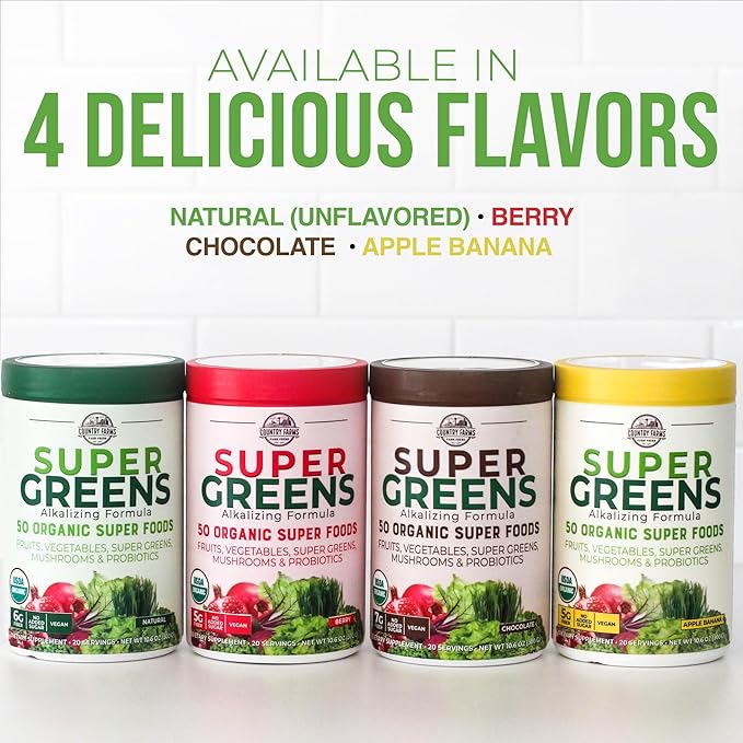 COUNTRY FARMS Super Greens Chocolate Flavor, 50 Organic 40 Servings, 10.6 Oz, 2 Pack