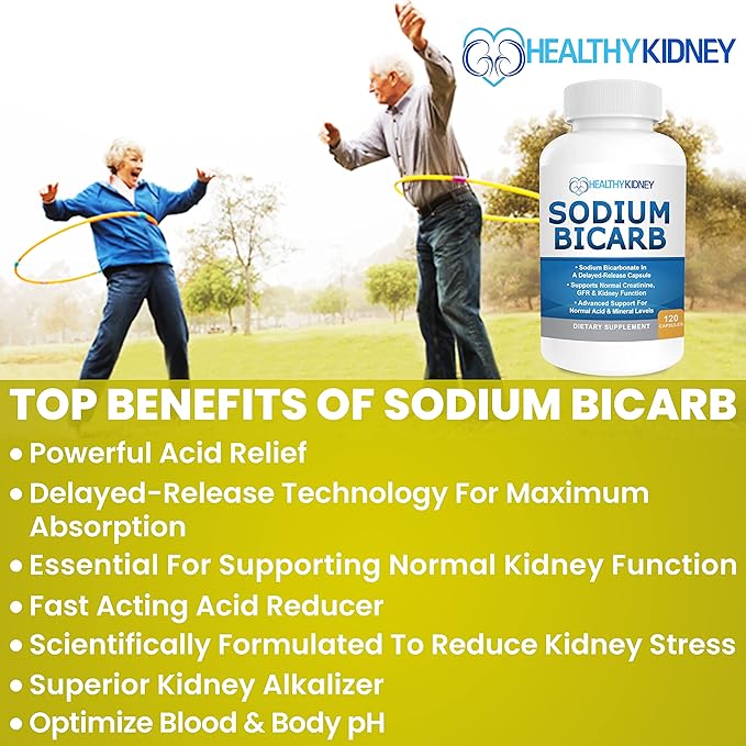 Sodium Bicarbonate 650mg Capsules Delayed Release for Supporting Normal Kidney Function & Kidney Supplement. Sodium Bicarbonate for Acid Relief, Alkalinity 120 Pills 2-Pack