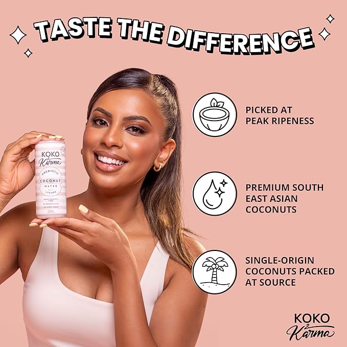 Koko & Karma – Prebiotic Coconut Water with Lychee – All Natural with No Added Sugars, Pure Coconut Water & Lychee Juice – 12 Pack - 16.9 Ounce Cans