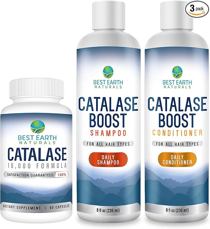 Best Earth Naturals Catalase Formula Starter Kit with 60 Capsules of Catalase 10,000 Shampoo 8 Ounces and Conditioner 8 Ounces