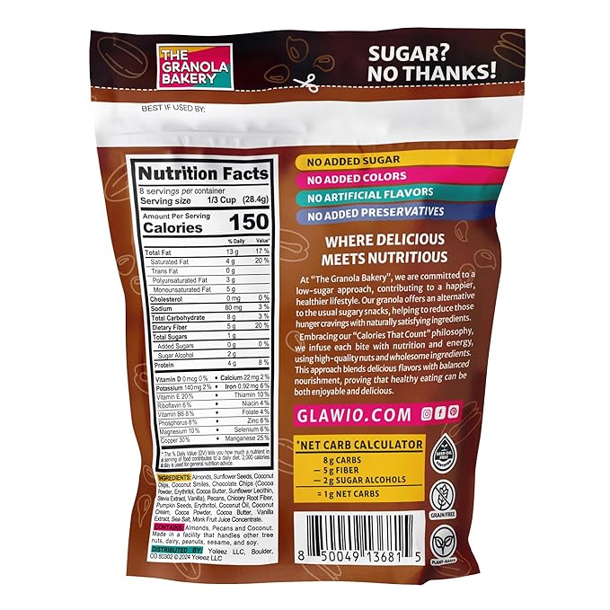 TGB Chocolate Chip Granola Cereal, Keto Friendly Snack, No Added Sugar, Gluten Free, High Fiber, 8oz Resealable Bag (Pack of 1)