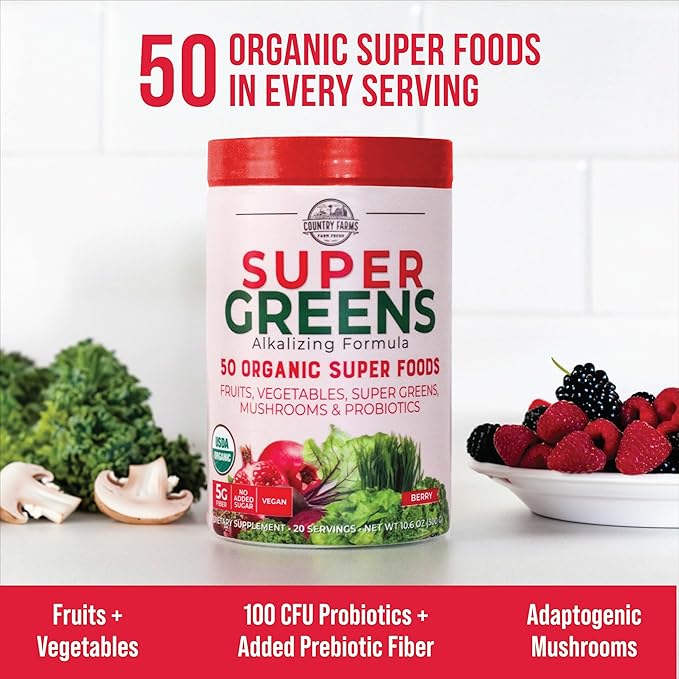 COUNTRY FARMS Super Greens Berry Flavor, 50 Organic 40 Servings, 21 Oz, 2 Pack