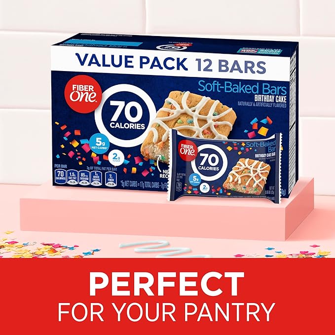 Fiber One 70 Calorie Soft-Baked Bars, Birthday Cake, Snack Bars, 12 ct
