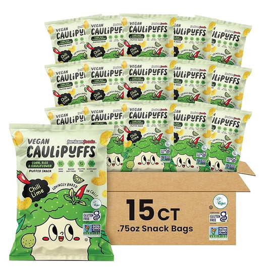 Vegan Chili Lime CauliPuffs - Corn, Rice, and Cauliflower Gluten Free Puffed Snack (box of 15-0.75oz bags)