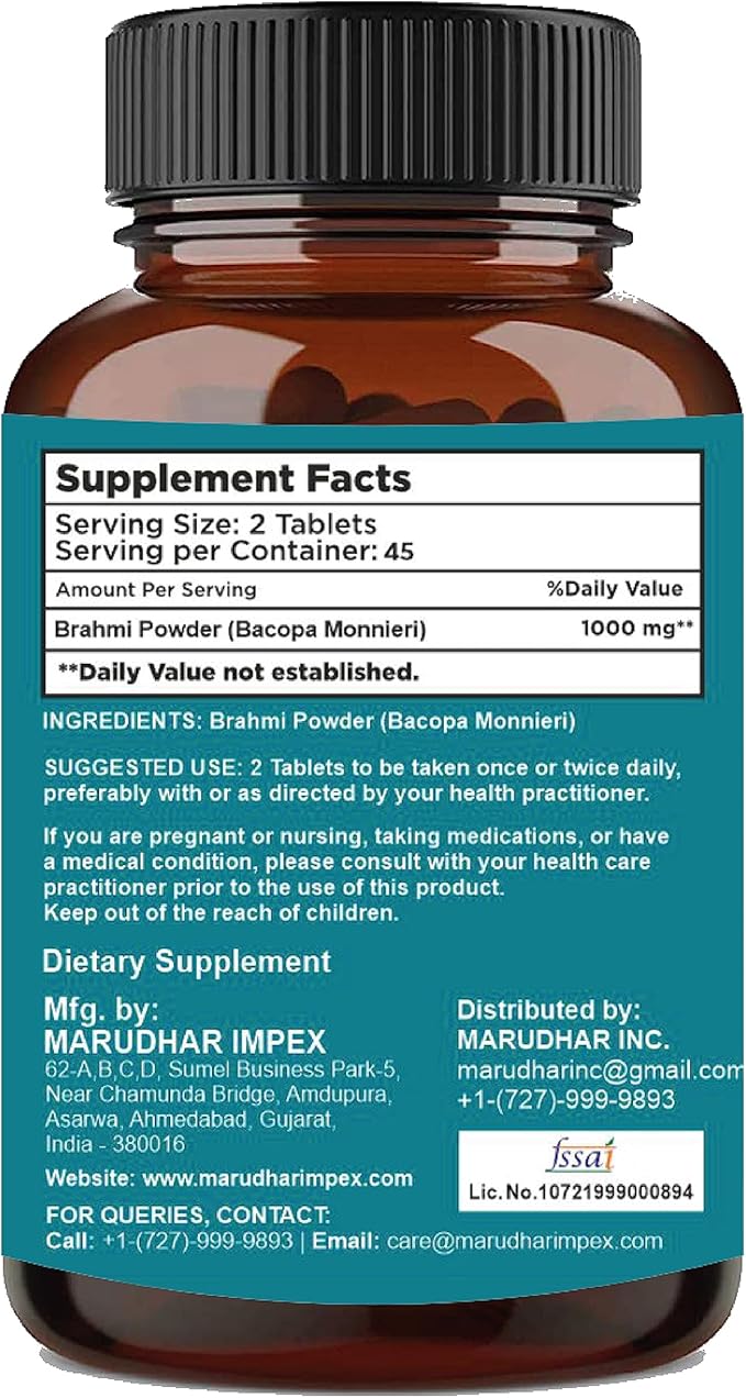 Brahmi Tablets - 90 Tablets, 1000 |45 Days 100% Natural