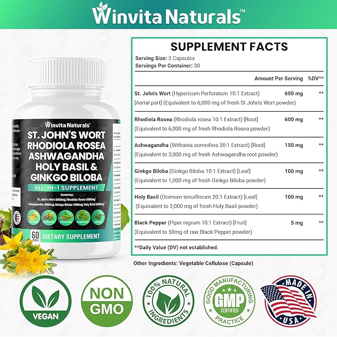 St Johns Wort 6000mg Rhodiola Rosea 6000mg Ashwagandha 3000mg Holy 2000mg Ginkgo 1000mg -