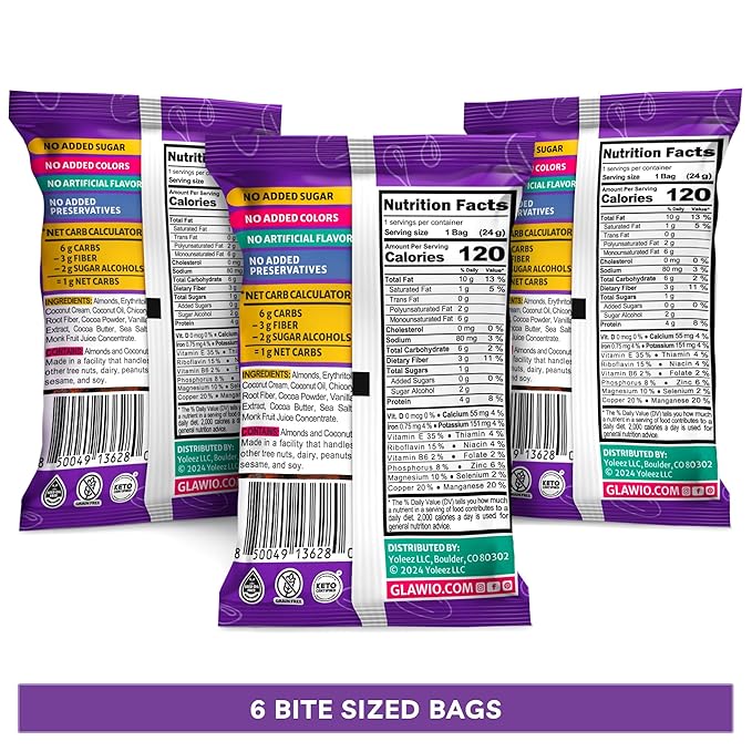 TGB Chocolate Almond Nut Bites, Keto Snacks, No Added Sugar, Gluten Free, Healthy Low Carb To Go, 0.85oz Bag (Pack of 6)