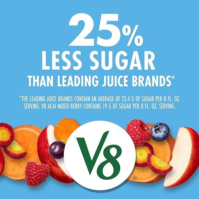 V8 Acai Mixed Berry 100% Fruit and Vegetable Juice, 46 fl oz Bottle (6 Pack)