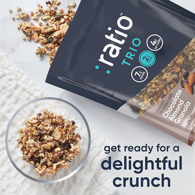Ratio Trio Chocolate Almond Granola Cereal, 2g Sugar, Keto Friendly, 8 oz Resealable Cereal Bag