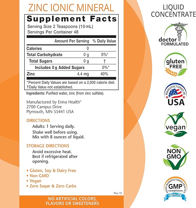 Eniva Health Liquid Ionic Zinc Supplement (16oz) Immune Health, Vision, Skin. Doctor Formulated. NO Calories. NO Sugar. Perfect for Low-Carb, Keto & Flu. by