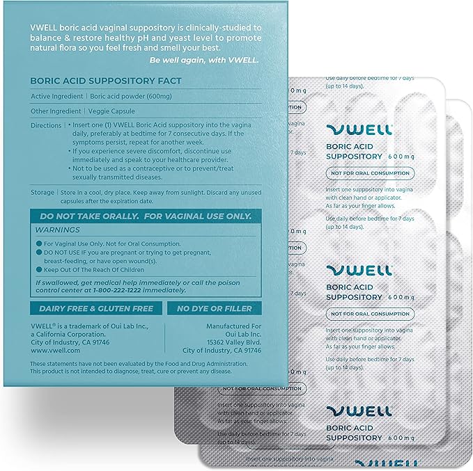 VWELL Boric Acid Vaginal Suppositories 30