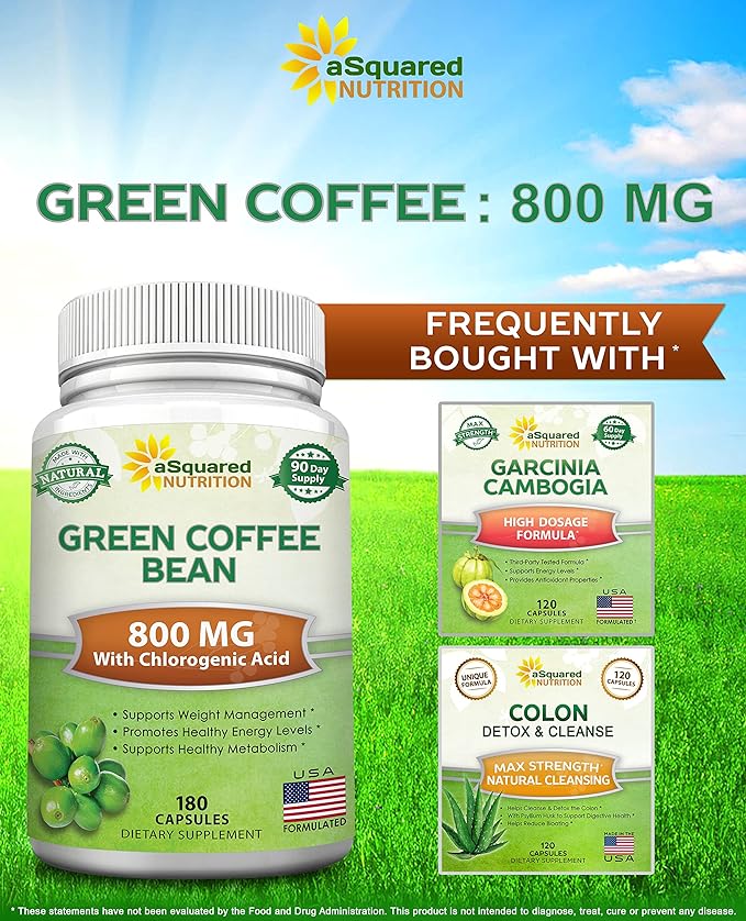 aSquared Nutrition Natural Green Coffee Bean Formula-180 Capsules-Max 800mg per Acid-1600mg Daily