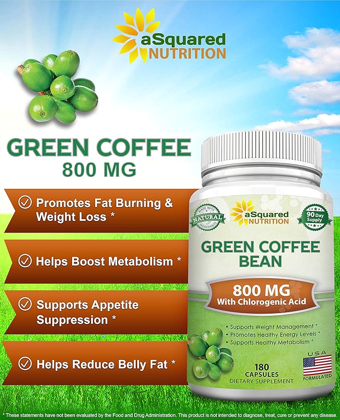 aSquared Nutrition Natural Green Coffee Bean Formula-180 Capsules-Max 800mg per Acid-1600mg Daily