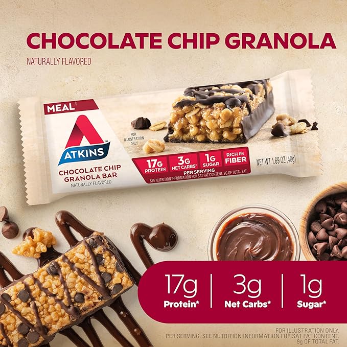 Atkins Chocolate Chip Granola Protein Meal Bar, 12 Count & Vanilla Caramel Pretzel Protein Meal Bar, 5 Count Bundle