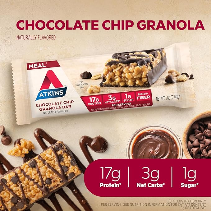 Atkins Chocolate Chip Granola Protein Meal Bar, 12 Count & Vanilla Caramel Pretzel Protein Meal Bar, 5 Count Bundle
