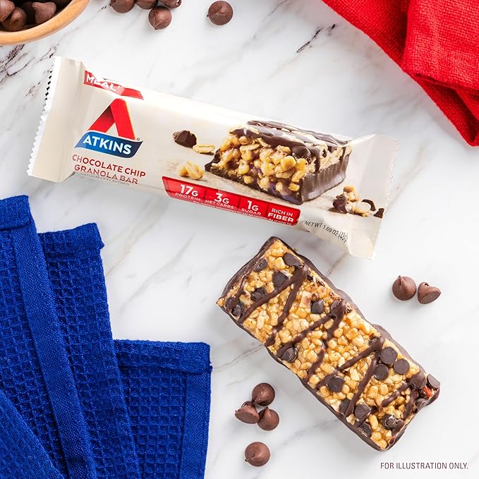 Atkins Chocolate Chip Granola Protein Meal Bar, High Fiber, 17g Protein, 1g Sugar, 3g Net Carbs, Meal Replacement, Keto Friendly, 12 Count