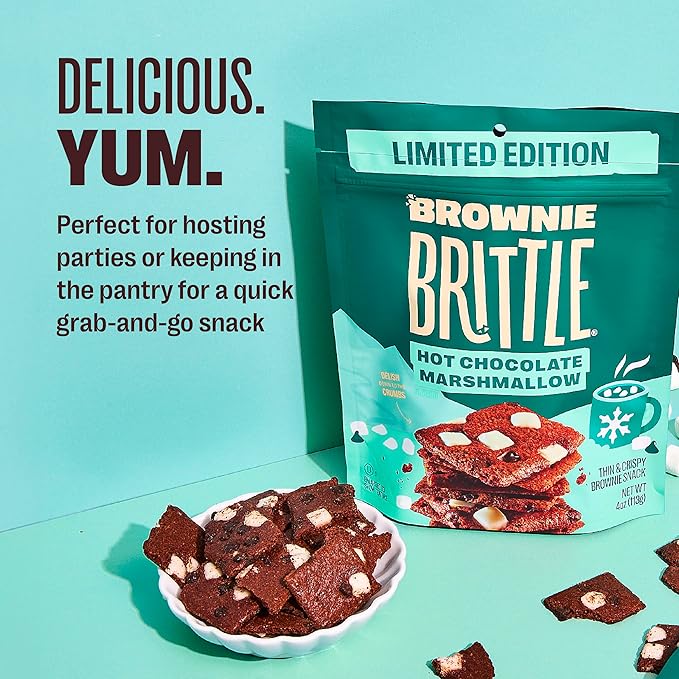Brownie Brittle – Hot Chocolate Marshmallow Thin and Crispy Sweet Snacks (Pack of 3, 4 oz), Rich Gourmet Brownie Bites Dessert