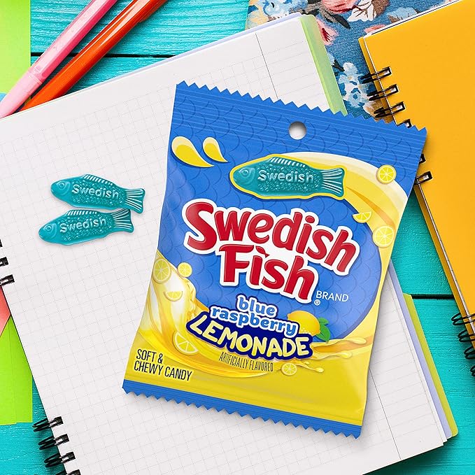SWEDISH FISH Blue Raspberry Lemonade Soft & Chewy Candy, Bulk Candy, 12-3.59 oz Bags