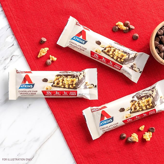 Atkins Chocolate Chip Granola Protein Meal Bar, High Fiber, 17g Protein, 1g Sugar, 3g Net Carbs, Meal Replacement, Keto Friendly, 12 Count