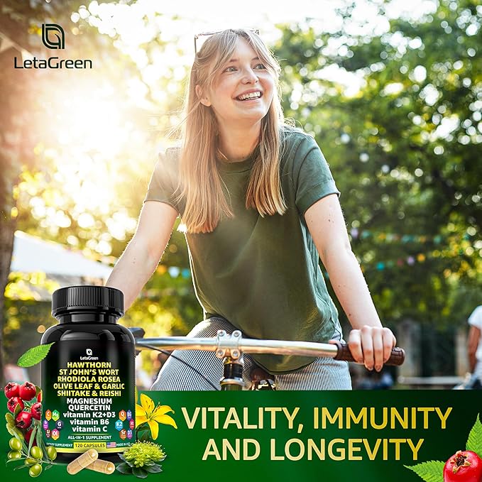 Organic Hawthorn Berry Capsules 2000mg with 2500mg Rhodiola 4000mg Olive 1000mg Shiitake 1000mg Reishi 1000mg Quercetin 150mg (240 (240 Count)