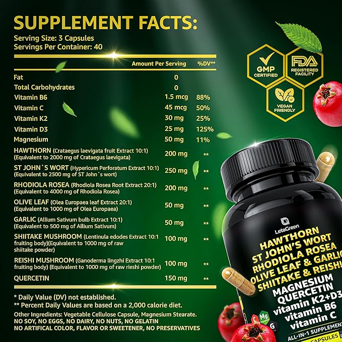 Organic Hawthorn Berry Capsules 2000mg with 2500mg Rhodiola 4000mg Olive 1000mg Shiitake 1000mg Reishi 1000mg Quercetin 150mg