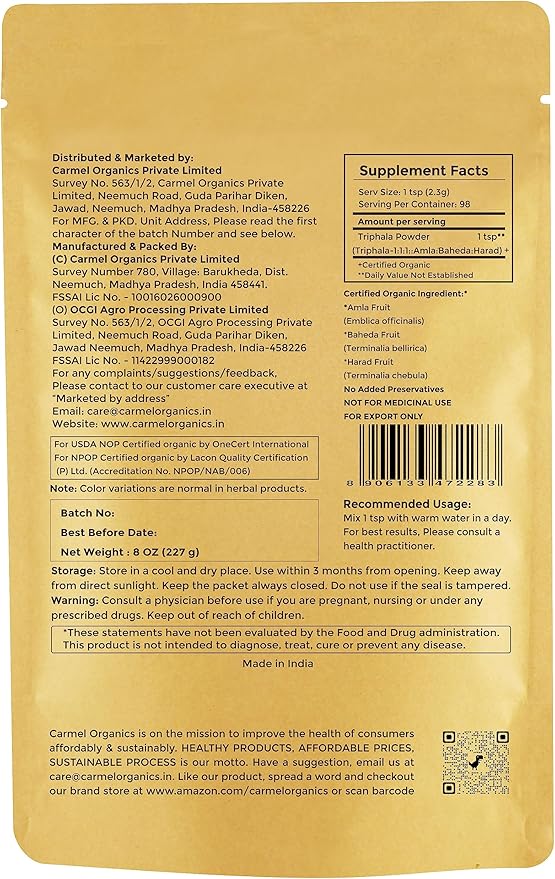 CARMEL ORGANICS Triphala Fruits Powder 8
