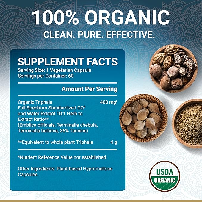 Triphala Capsules – USDA Organic Certified 100% Natural 60 Caps