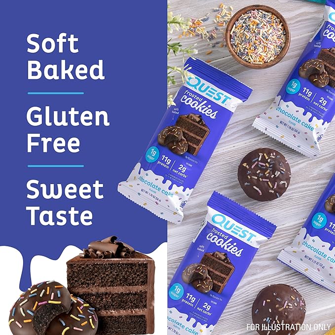 Quest Nutrition Frosted Cookies Twin Pack, Chocolate Cake, 1g Sugar, 11g Protein, 2g Net Carbs, Gluten Free, 16 Cookies