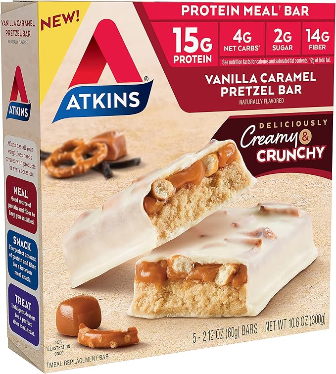Atkins Chocolate Chip Granola Protein Meal Bar, 12 Count & Vanilla Caramel Pretzel Protein Meal Bar, 5 Count Bundle