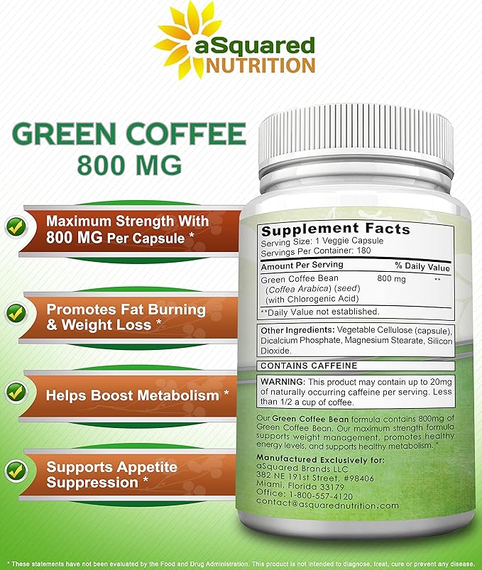 aSquared Nutrition Natural Green Coffee Bean Formula-180 Capsules-Max 800mg per Acid-1600mg Daily