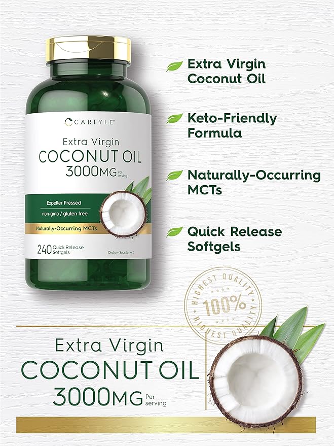 Carlyle Coconut Oil Extra Virgin Softgel Capsules | 3000mg | 240 Count | Naturally Occurring MCTs | Non-GMO and Gluten Free Supplement