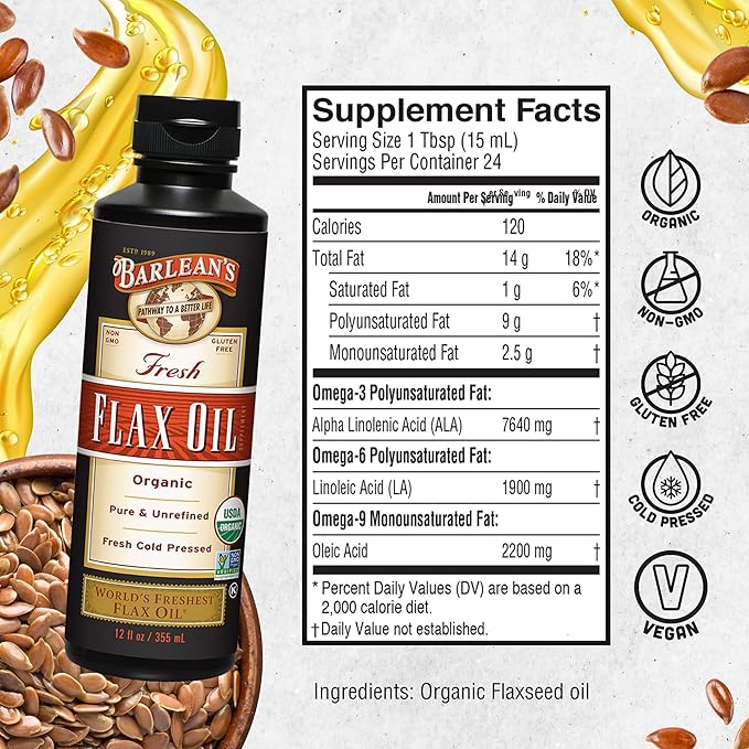 Barlean's Organic Flaxseed Oil Liquid, Cold 7,640mg ALA 3 Fatty 12 oz