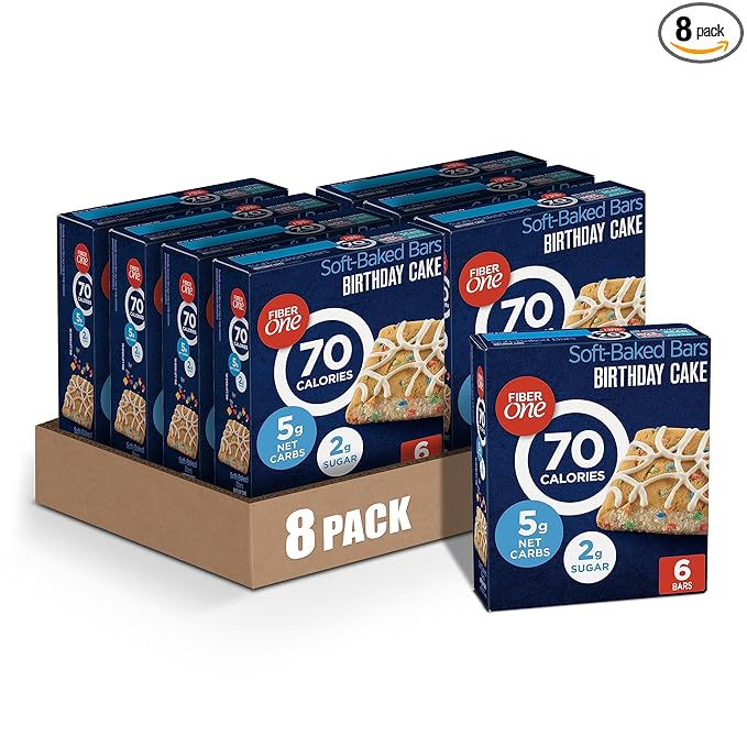 Fiber One 70 Calorie Soft-Baked Bars, Birthday Cake, Snack Bars, 6 ct (Pack of 8)