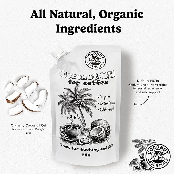 Coconut Essentials - Coconut Oil for Coffee, Organic, Cold-pressed Coconut Oil, Fresh and Rich Flavor for Cooking, Keto Friendly, Natural MCT oil, Coffee Oil for Weight Loss, 1 Pouch, 15 fl oz