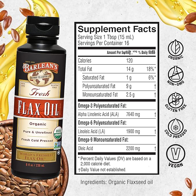 Barlean's Organic Flaxseed Oil Liquid from 7,640mg ALA 3 Fatty 8 oz