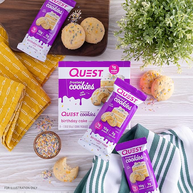Quest Nutrition Frosted Cookies Twin Pack, Birthday Cake, 1g Sugar, 10g Protein, 2g Net Carbs, Gluten Free, 8 Count(Pack of 1)