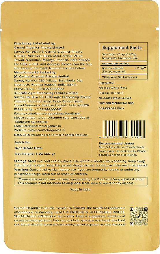 CARMEL ORGANICS Bacopa Monnieri/Brahmi Powder 8 Ounce 0.5 Lb/ 227 Grams(Pack 1) |