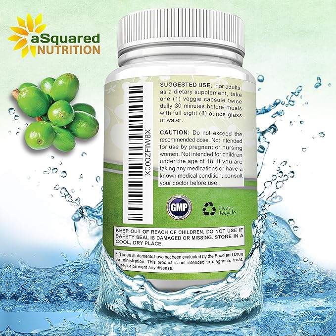 aSquared Nutrition Natural Green Coffee Bean Formula-180 Capsules-Max 800mg per Acid-1600mg Daily